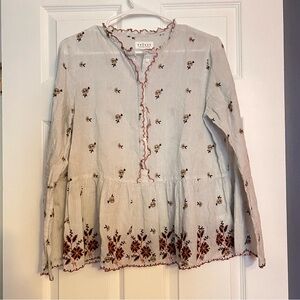 Anthropologie Velvet‎ Blue and White Blouse with Red Embroidery